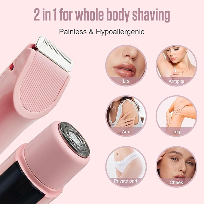 2 in 1 Bikini Trimmer for Women Dual Head Electric Shaver with LED Display,IPX7 Waterproof Wet & Dry, Painless Shaver for Underarm Leg Arm Body Face Private Area Pink-FemmiqueWomen