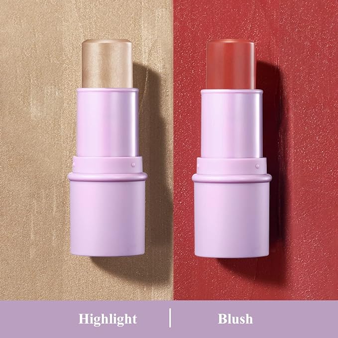 2Pcs Cream Blush Highlighter Makeup Stick Makeup Set for Girls and Women #T Cherry Blush-FemmiqueWomen