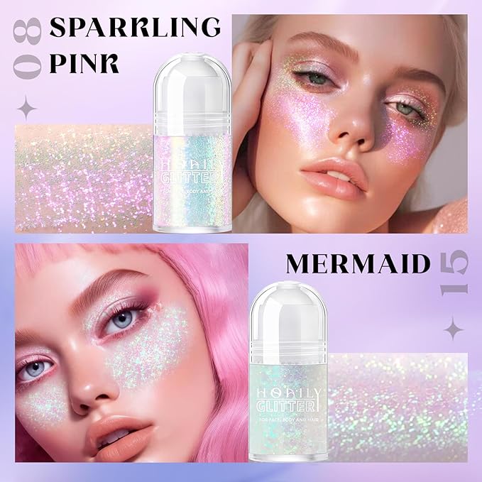 2 Colors Roll-on Body Glitter Gel, Holographic Glitter Gel Under Light for Face Hair, Body Shimmer for Rave Accessories Christmas New Year Halloween Makeup (8+11)-FemmiqueWomen