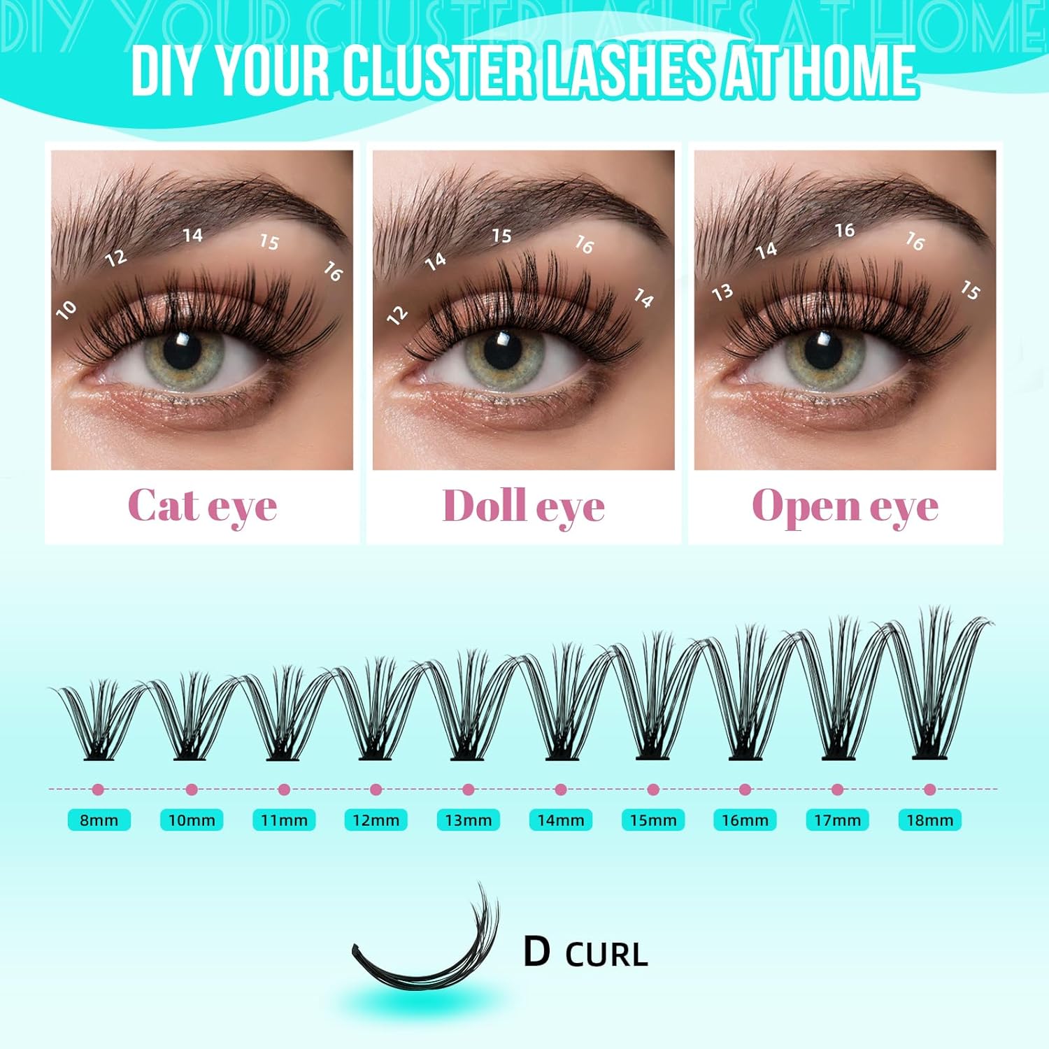 Lash Clusters 200pcs, Eyelash Extension Kit 30D D Curl Diy Cluster Eyelashes Extensions Lash Bond and Remover Waterproof Lash Applicator Tools for 8-18mm Mix Lashes Beginner Self Use-FemmiqueWomen