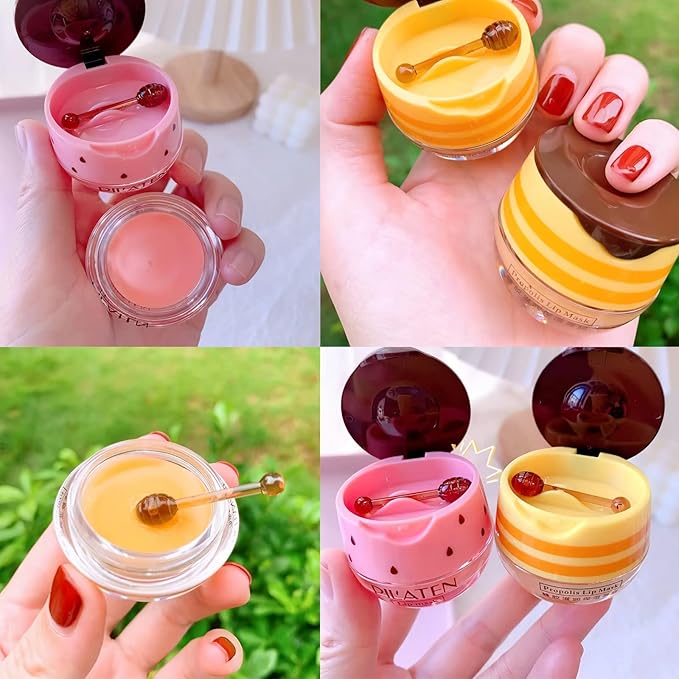 2Pcs Bee Lip Balm Honey Pot, Honey & Strawberry Lip Balm Moisturizing Lip Sleep Mask with Stick Hydrating & Prevention Dry and Cracked Lip Scrubs Exfoliator, Reduces Lip Lines-FemmiqueWomen