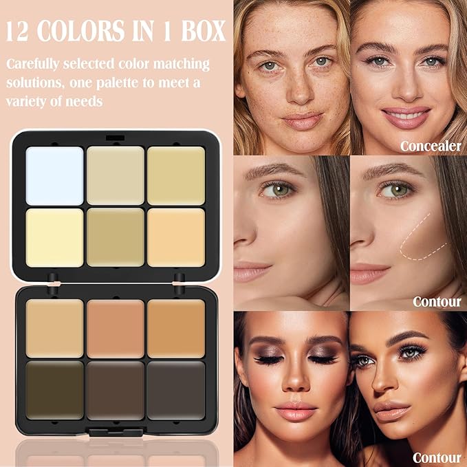 12 Colors Cream [Contour+Concealer] Makeup Palette for Cheeks - Multi-functional Makeup Palette with Brush, Natural Matte Long Wearing, Waterproof Blendable Face Makeup Palette (#03)-FemmiqueWomen