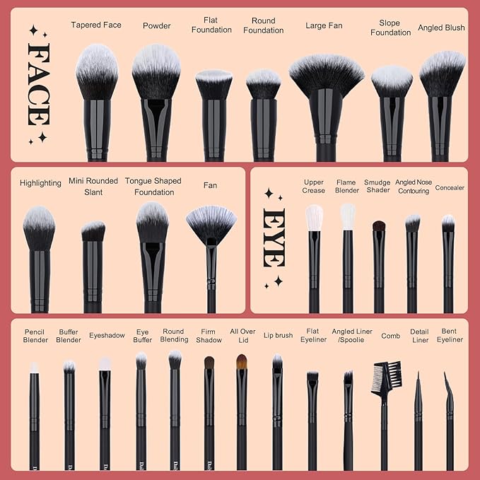 29pcs Black Professional Makeup Brush Set Kabuki Powder Concealers Eye shadows Blush Eyeliner Eyebrow Contour Eye blending Brushes (29pcs brush)-FemmiqueWomen