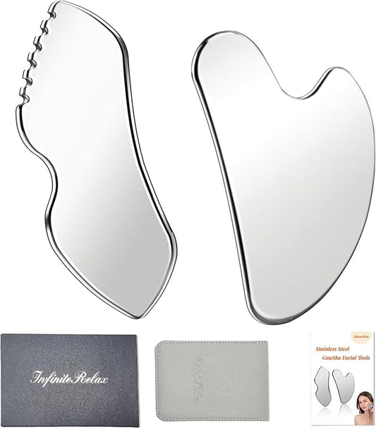 2Pcs Stainless Steel Gua Sha Facial Tools Set, Metal Face Comb Detail Skin Care Tools, Body and Face Gua Sha Sculpting for Tighten Skin Lymphatic Drainage-FemmiqueWomen