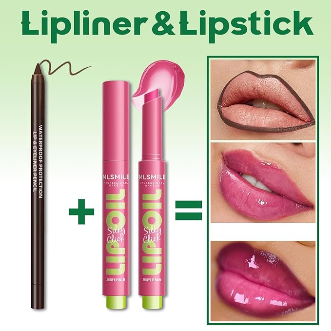 2 in 1 Solid Click Lip Gloss Pen With Brown Lip Liner Set Moisturizing Long Lasting Light Pink High Glossy Jelly Tinted Lip Balm Juicy Buildable Lip Plumper Makeup for Women-FemmiqueWomen