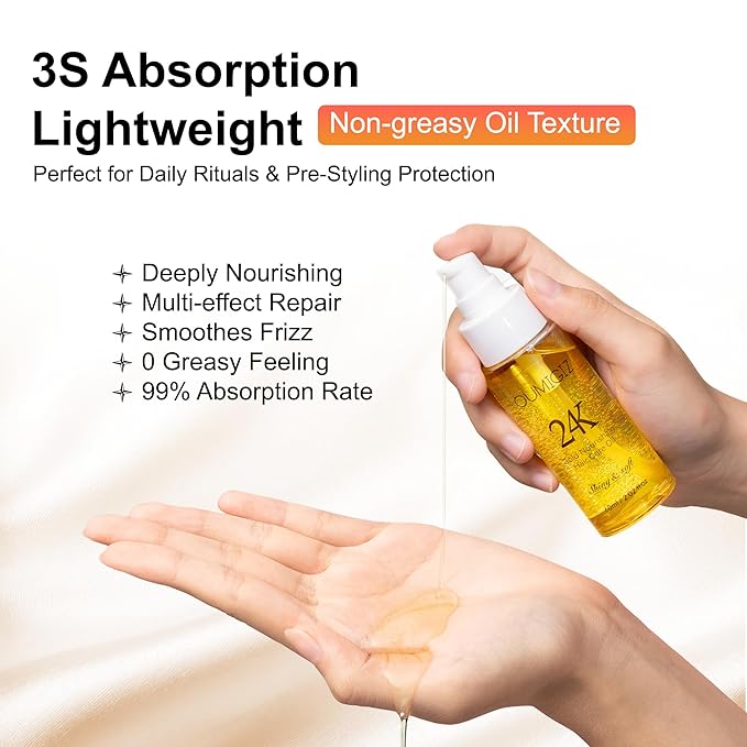 24K Gold Hair Oil, Repair Shine Serum with Coconut, Argan & Olive Oils - Heat Protectant and Frizz Control - Vegan, Lightweight Leave-In Treatment for Dry Damaged Hair (2.02 Fl Oz (Pack of 1))-FemmiqueWomen