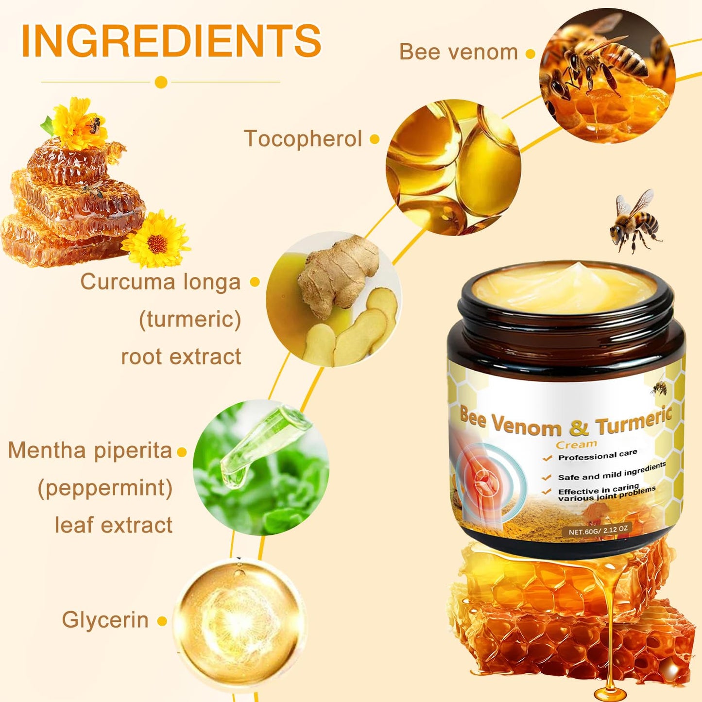 2Pcs Professional Bee Venom Joint,Bee Venom & Turmeric Cream,Natural Bee Venom Cream,Effective for The Back,Waist,Neck,Hands,Knees-FemmiqueWomen