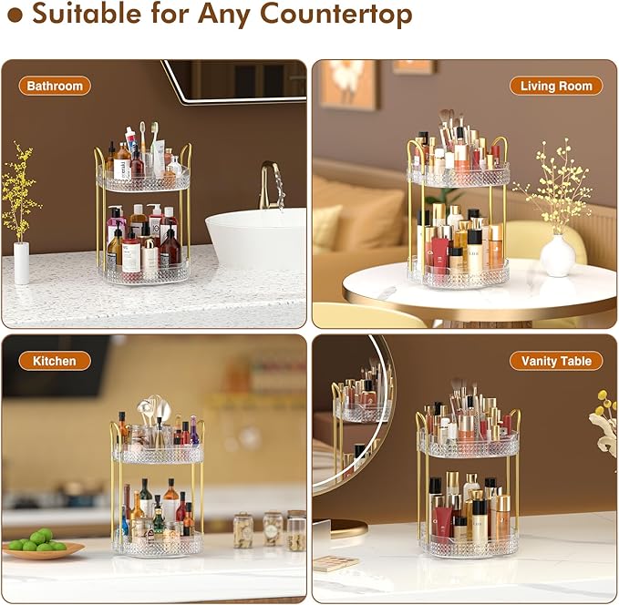 Awenia Rotating Makeup Organizer 360, Stackable Adjustable Large Capacity Cosmetic Storage Unit,Dresser Bathroom Kitchen Countertop Organizer with Metal Handle, Plus Size (Clear, 2 Tier)-FemmiqueWomen
