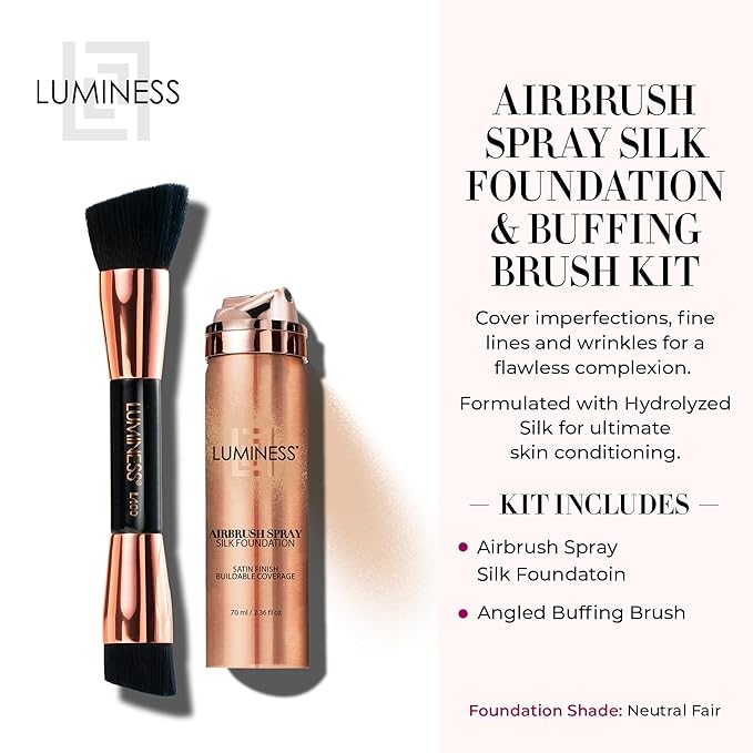 LUMINESS Silk Airbrush Spray Foundation & Buffing Brush Kit – Full Coverage Foundation & Dual-Sided Buffing Brush - Buildable Coverage, Anti-Aging Formula Hydrates & Moisturizes - Neutral Fair-FemmiqueWomen
