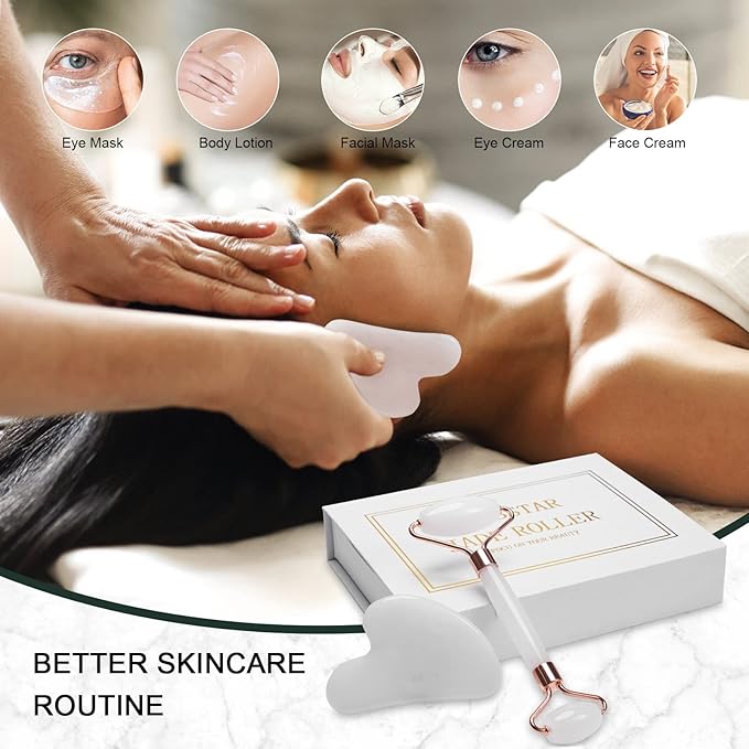 Jade Roller for Face, Facial Roller Massager Skin Care Tool, Gua Sha Facial Tools for Face, Neck, Eyes, Reduce Puffiness of The Skin - White-FemmiqueWomen