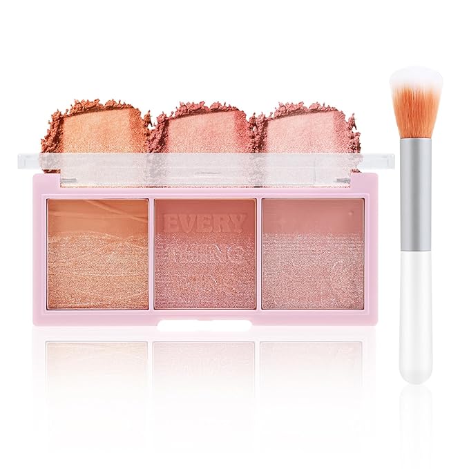 3 Colors Blush Palette，Blush Powder for Cheeks Makeup，Glitter Blusher with Brush，Long Wear，Highly Pigmented-FemmiqueWomen