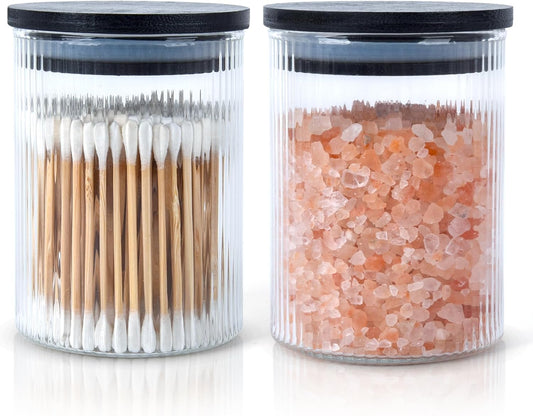 2 Pack Ribbed Glass Qtip Holder Dispenser Set - Apothecary Jars with Lids - Bathroom Canister Storage Organizer and Vanity Makeup Organizer for Cotton Ball, Cotton Swab, Cotton Round Pads,Floss-FemmiqueWomen