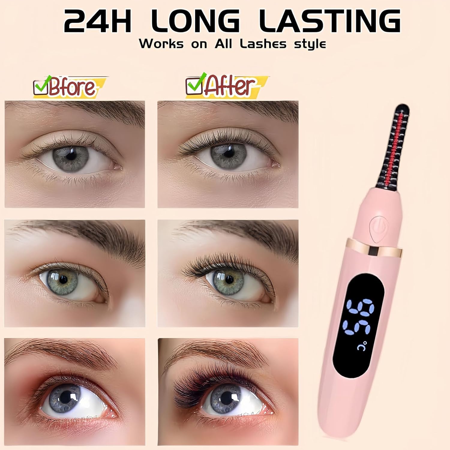Heated Eyelash Curler, Heated Lash Curler with Led Display Electric Eye lash Curler 3 Temp Settings for Makeup Tools for Achieving A Natural Curl and Long Lasting Eyelashes, Designed for Women, Pink-FemmiqueWomen