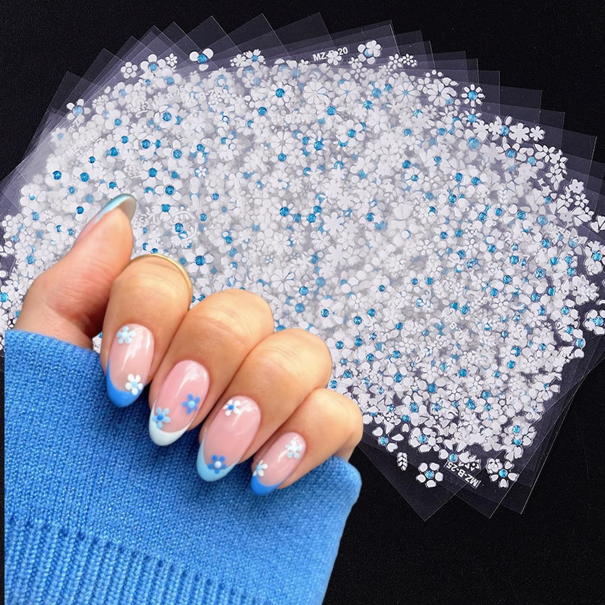 30Pcs White Flower Nail Art Stickers Decals- Daisy Floral Cherry Blossoms Nail Stickers Blue Rhinestone Nail Designs Sticker for Gel Nails 3D Self-Adhesive Spring Nail Decals for Nail Art Decoration-FemmiqueWomen