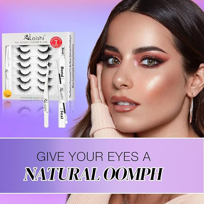 Wispy False Eyelashes Kit With Bond, Seal and Tweezer, 7 Pairs Natural Look Fake Cat Eye Lashes Strips Thin Band Extensions Waterproof Easy Eyelashes for Beginners RQ10-FemmiqueWomen