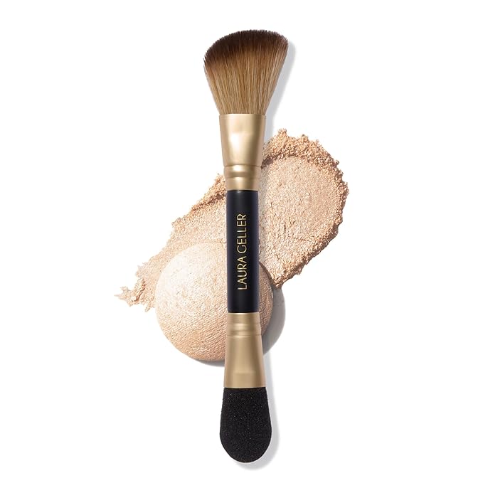 LAURA GELLER NEW YORK Dual-Ended Highlighter Brush - Multipurpose Makeup Brush for Highlighter, Blush, Bronzer and More - Includes Dual-Fiber Vegan Bristles and Satin Paddle for Flawless Application-FemmiqueWomen