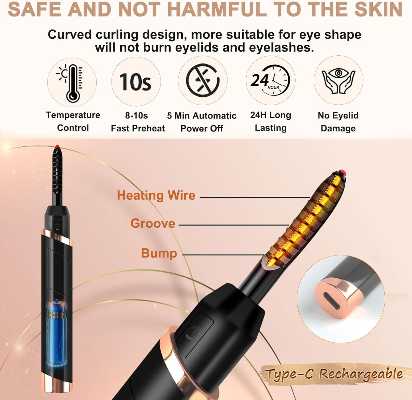 Heated Eyelash Curler, Electric Eyelash Curler, Rechargeable Lash Curler for Makeup Natural Curling Eye Lashes and 24 Hours Long Lasting - Black 2025 Updated New Model-FemmiqueWomen