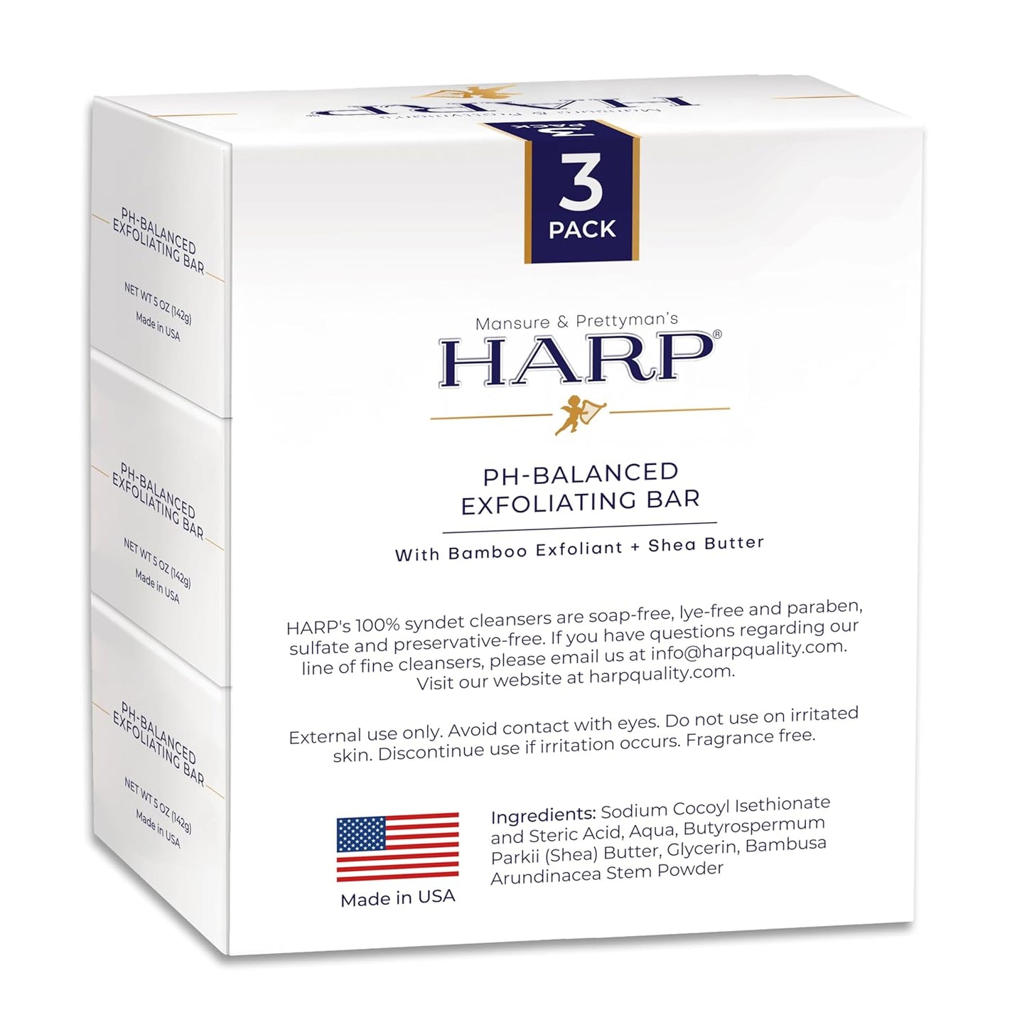 HARP pH-Balanced (5.0-6.0) Exfoliating Body Wash Bar - FRAGRANCE FREE. Bamboo Powder Exfoliation -the perfect consistency. Soap/Lye/Preservative/Dye/Masking agent-Free. Non-comedogenic.-FemmiqueWomen