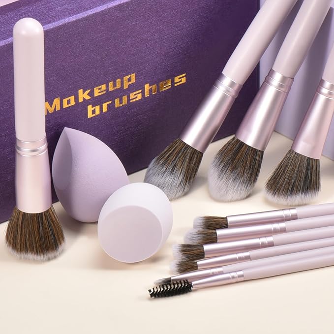 Gift Ready 10 Piece Purple Makeup Brushes Set and 2 Piece Makeup Sponge – Wooden Handle with Soft Synthetic Bristles, Concealer, Powder – (Ideal for Christmas, Birthday, Women)-FemmiqueWomen