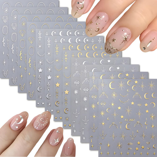 12 Sheets Silver Gold Moon Star Nail Art Stickers - 3D Self Adhesive Decals for Design and Decoration - Supplies Accessories for Women-FemmiqueWomen