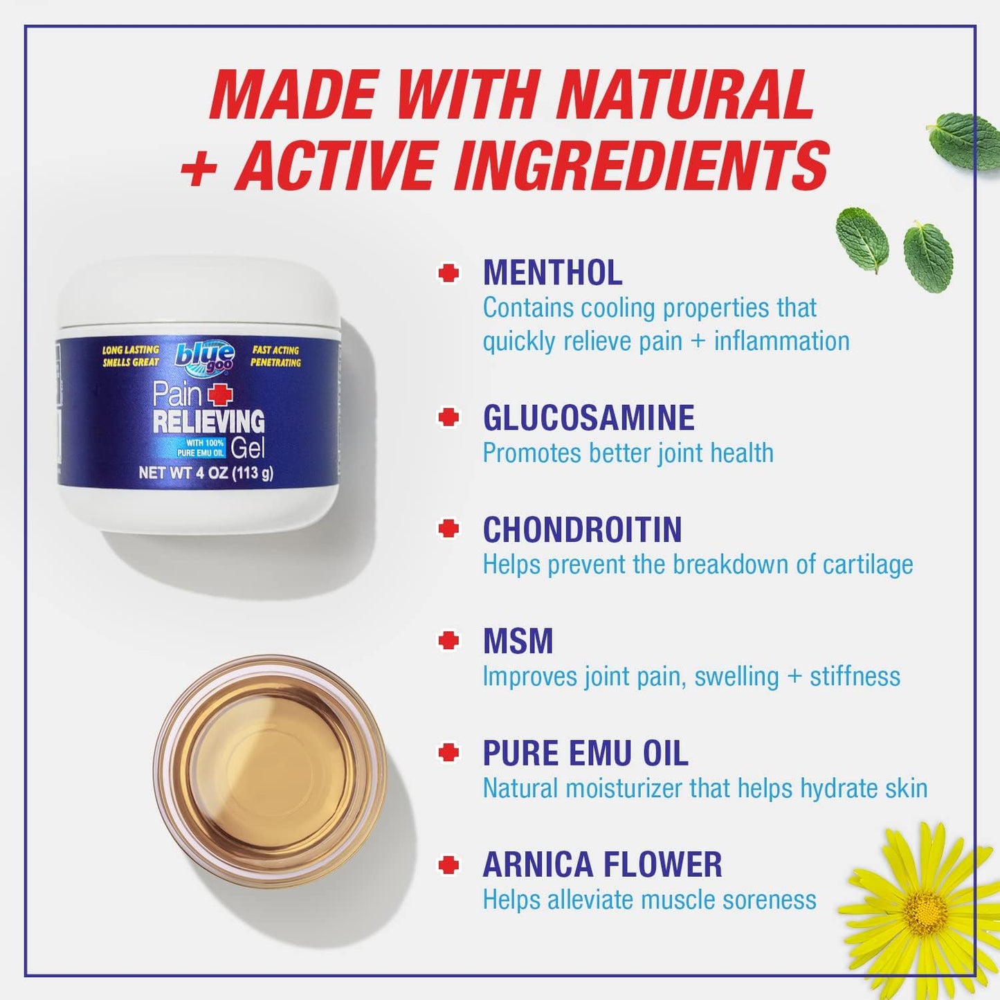 Blue Goo Pain Relieving Gel – for Back, Neck, Muscle and Joint Pain, Fast-Acting Cooling and Soothing Relief with 100% Pure Emu Oil, 4 oz (2 Pack)-FemmiqueWomen