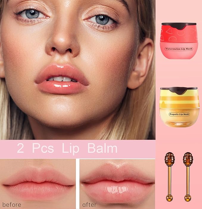 2 PCS Bee Lip Balm Honey Pot, Honey Watermelon Bee Lip Balm Sleeping Lip Mask Overnight with Sticks, Honey Pot Lip Balm Hydrating Exfoliating Prevention Dry and Crack Lip Scrubs-FemmiqueWomen