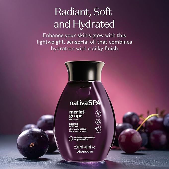 Nativa SPA by O Boticário Merlot Grape Biphase Body Oil, with Quinoa & Grapeseed Oils, Silky Glow with Hydration, 6.7 Ounce (200ml)-FemmiqueWomen