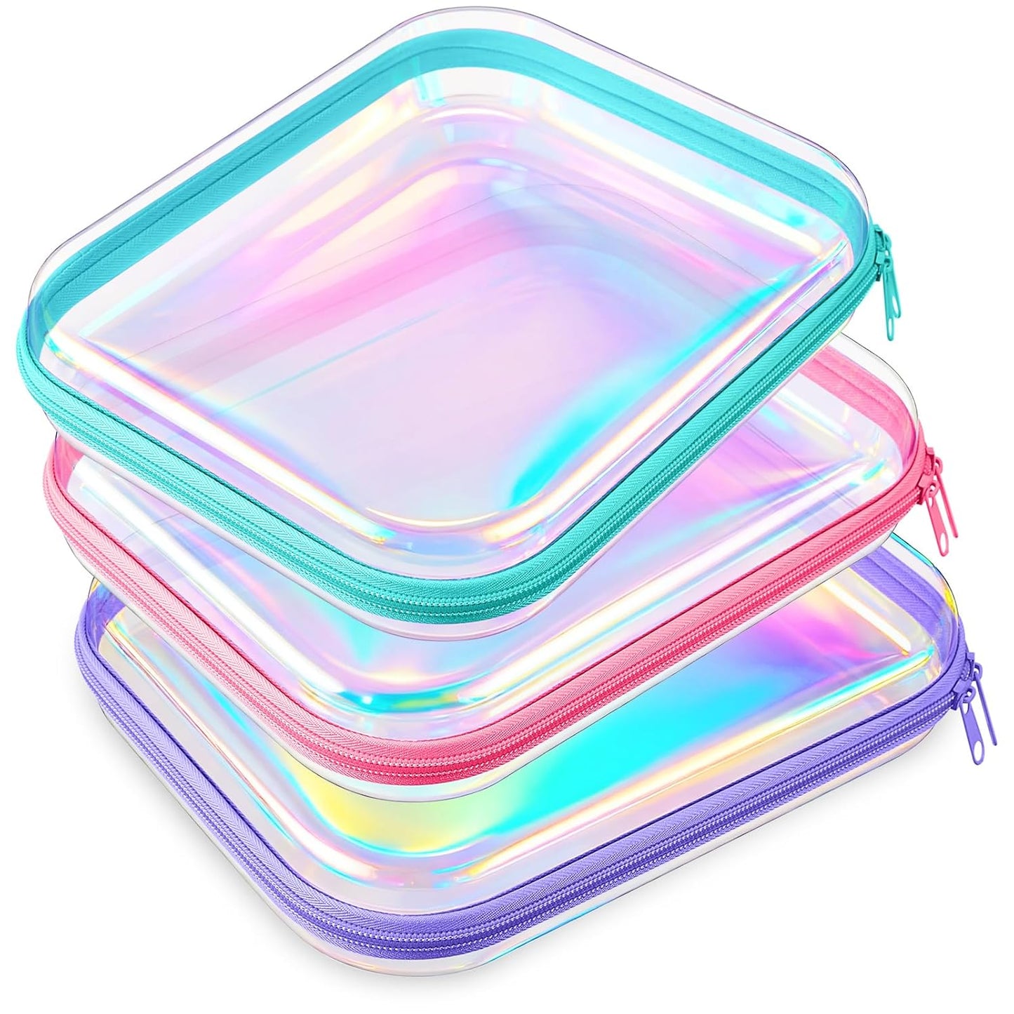 Hoolerry 3 Pcs Clear Hard Zipper Case Plastic Pouch Transparent Hard Case Clear Makeup Bag Portable Travel Organizer Bin for Cosmetics, Building Blocks, Puzzles(Laser,M)-FemmiqueWomen
