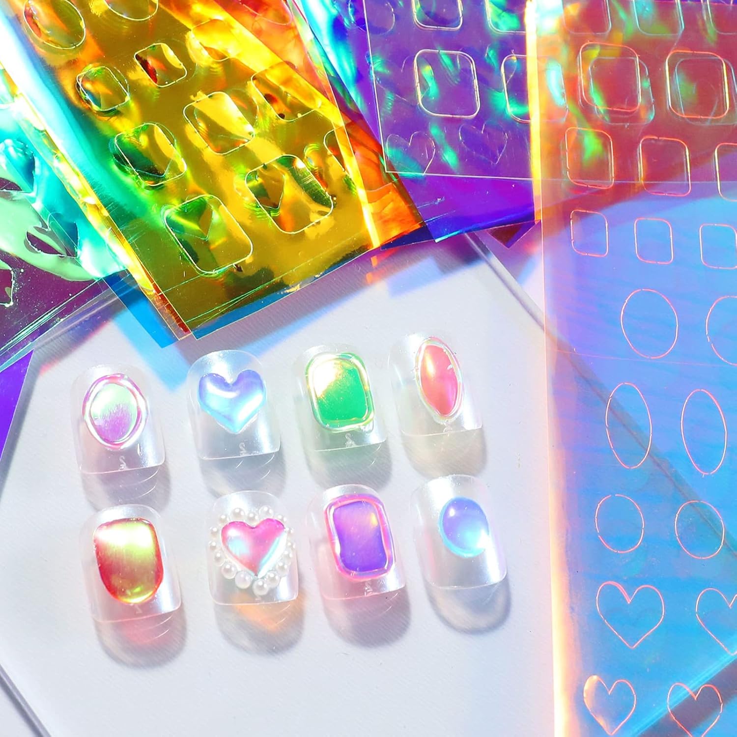 11 Sheets Aurora Nail Foil Stickers, Laser Glass Paper 3D Trendy Design Iridescent Cellophane Nail Art Decals, Holographic Film DIY Manicure Decoration Supplies Accessories for Women Girls-FemmiqueWomen