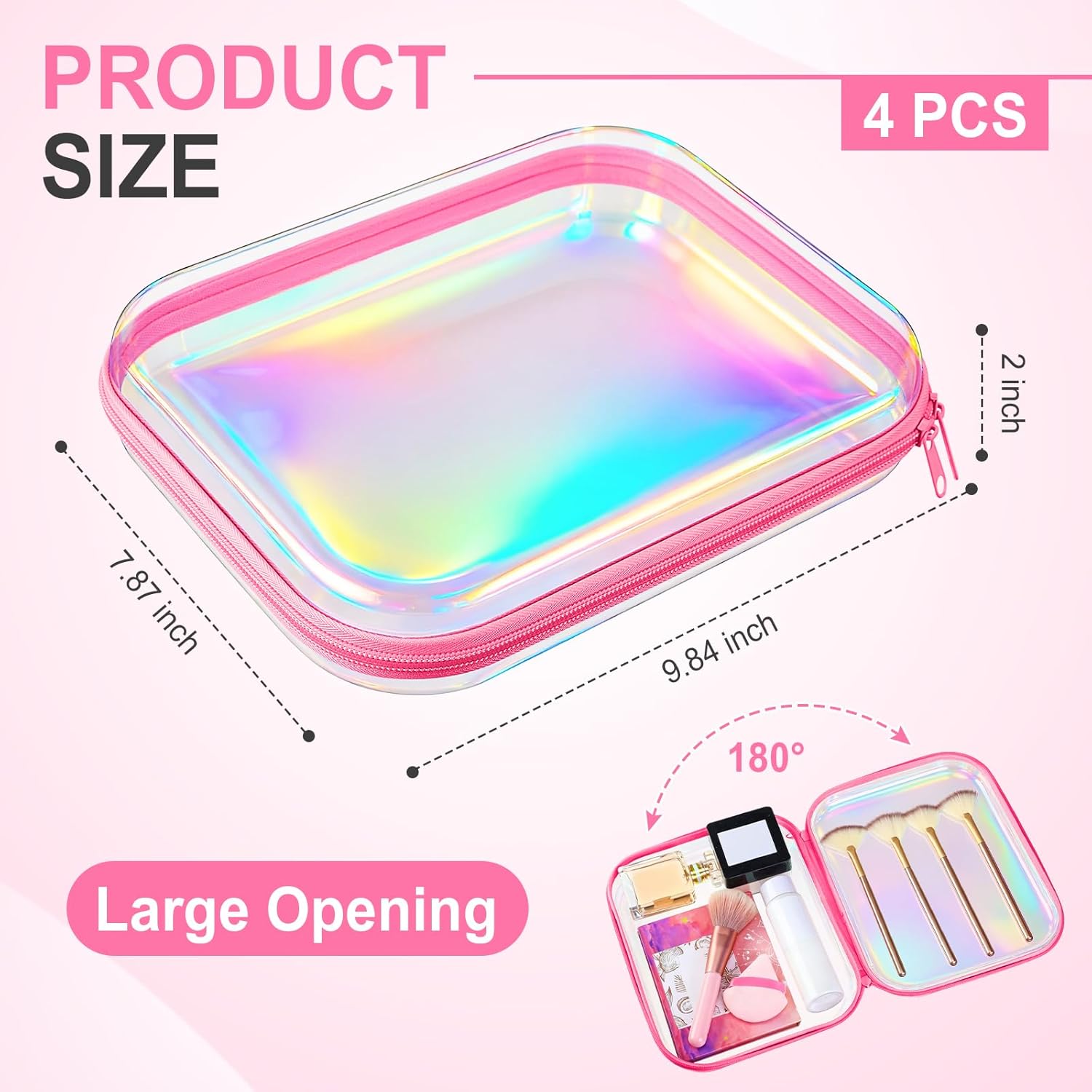 Hoolerry 4 Pcs Hard Clear Zipper Case Makeup Bags Plastic Pencil Pouch Transparent Storage Box Containers for Cosmetics, Snacks, Building Blocks, Puzzles(Pink Laser,9.8 x 7.9 x 2 in)-FemmiqueWomen