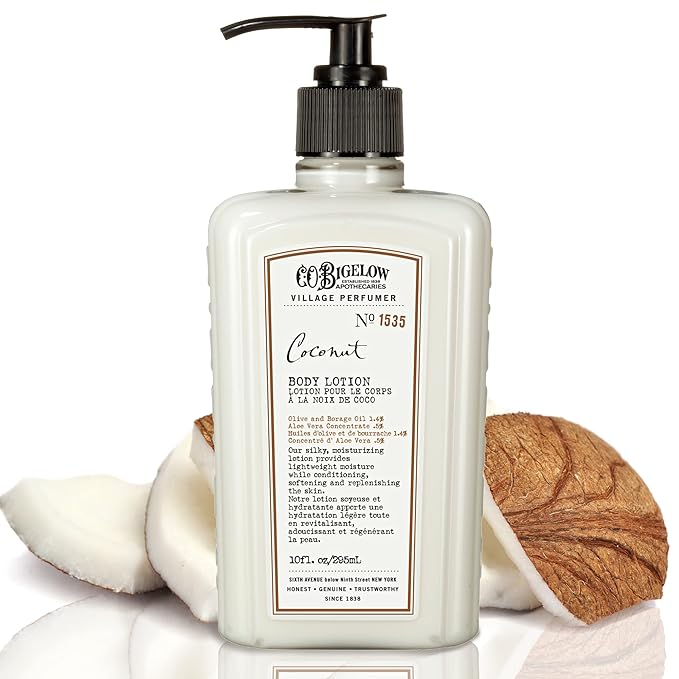 C.O. Bigelow Coconut Body Lotion, Village Perfumer Moisturizing Body Lotion with Aloe Vera, Borage Oil & Olive Oil, 10 Fl Oz-FemmiqueWomen