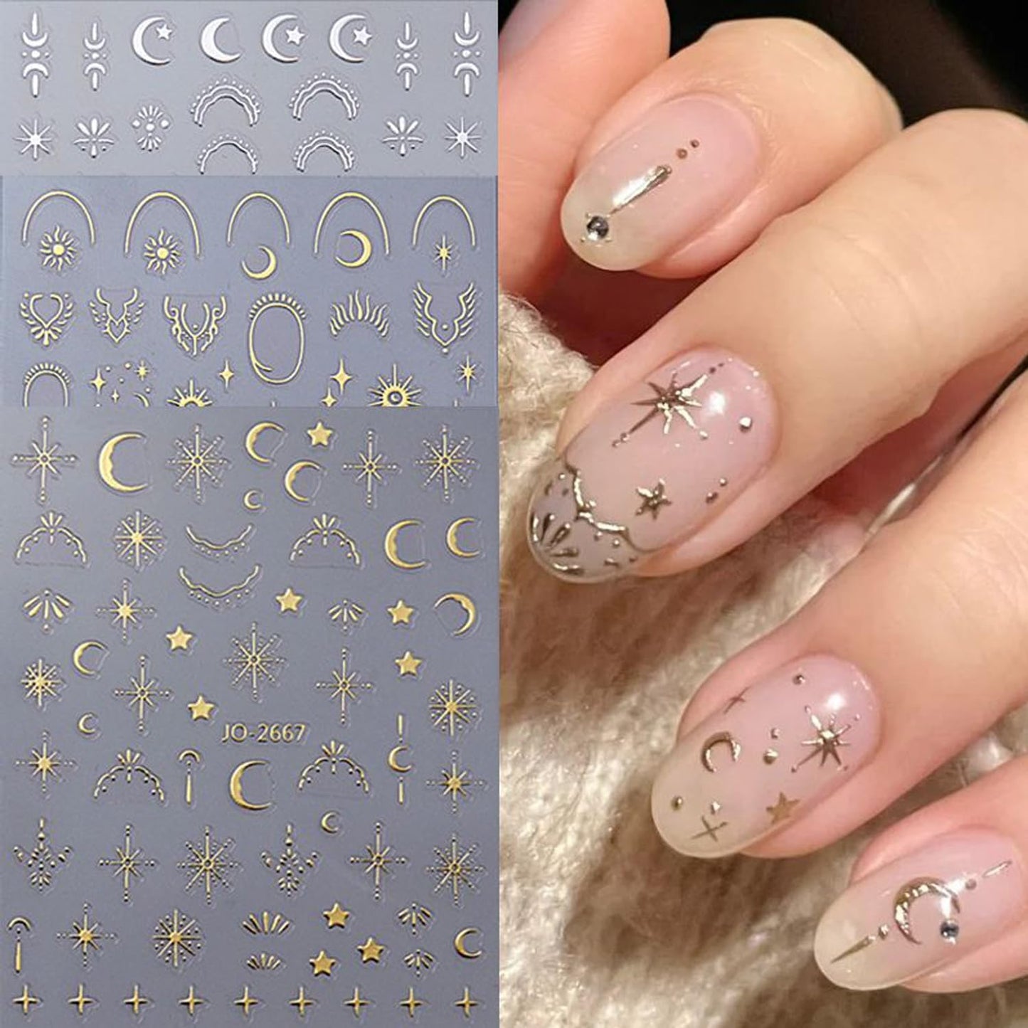 12 Sheets Metallic Moon Star Nail Art Stickers Decals Luxury Golden Silver Nail Stickers Sun Stars Moon Nail Art Design with Starlight Moon Charm Nail Adhesive Sliders for Women Manicure Decoration-FemmiqueWomen
