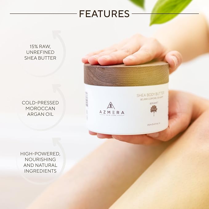 AZMERA Handcrafted Whipped Shea Body Butter – Luxurious Moisturizer for Dry, Sensitive Skin with Bergamot, Argan Oil & Vitamin E – Vegan, Non-Greasy Skincare – 8.82 oz-FemmiqueWomen
