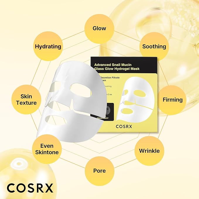 COSRX Advanced Snail Mucin Glass Glow Hydrogel Face Masks Skincare 3 EA, Collagen Face Mask, Travel Essentials, Overnight Face Mask, Korean Skin Care, Stocking Stuffers for Women