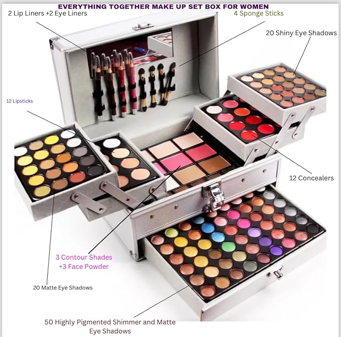 132 Colors All In One Ultimate Color Makeup Kit: Carry All Trunk with Cosmetic Contouring Palette, Concealer, Face Powder, Lip Gloss, Blusher, Contour Shade, Eye Liner, and Eyebrow Powder.-FemmiqueWomen
