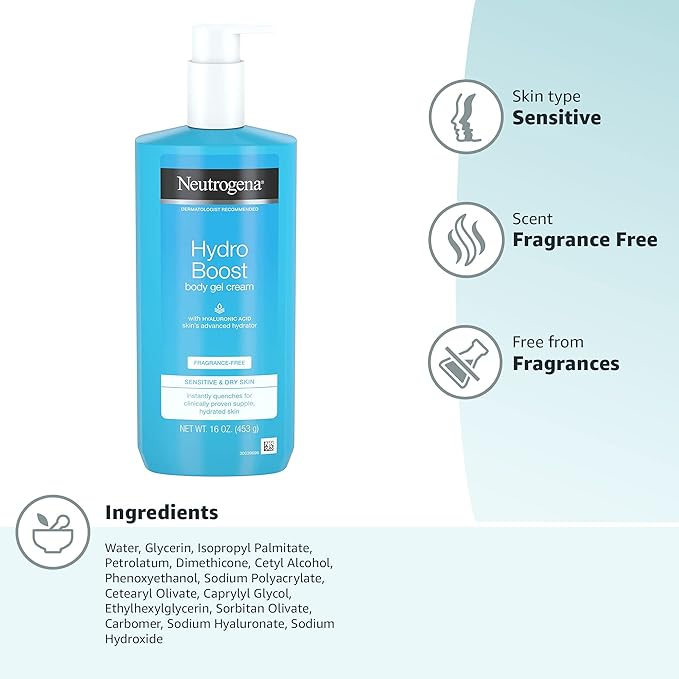 Neutrogena Hydro Boost Body Moisturizing Gel Cream with Hyaluronic Acid, Non-Greasy & Fast Absorbing, Lightweight Hydrating Body Lotion for Normal to Dry Skin, Fragrance-Free, 16 oz (Pack of 2)-FemmiqueWomen