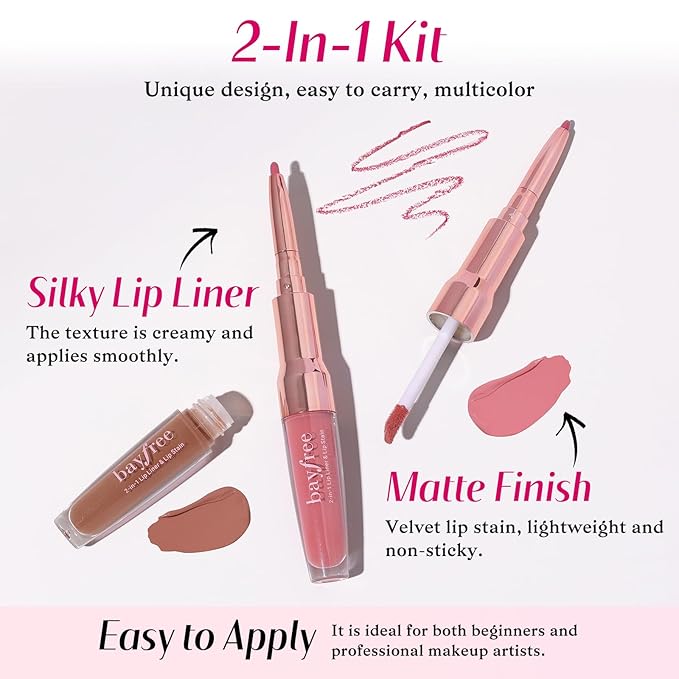 2 PCS Lip Liner and Lip Stain Combo Set, High Pigmented Long Lasting Velvet Lip Tint, Well-Defined Lipliner, Weightless Waterproof Not Animal Tested, Matte Finish Makeup-FemmiqueWomen