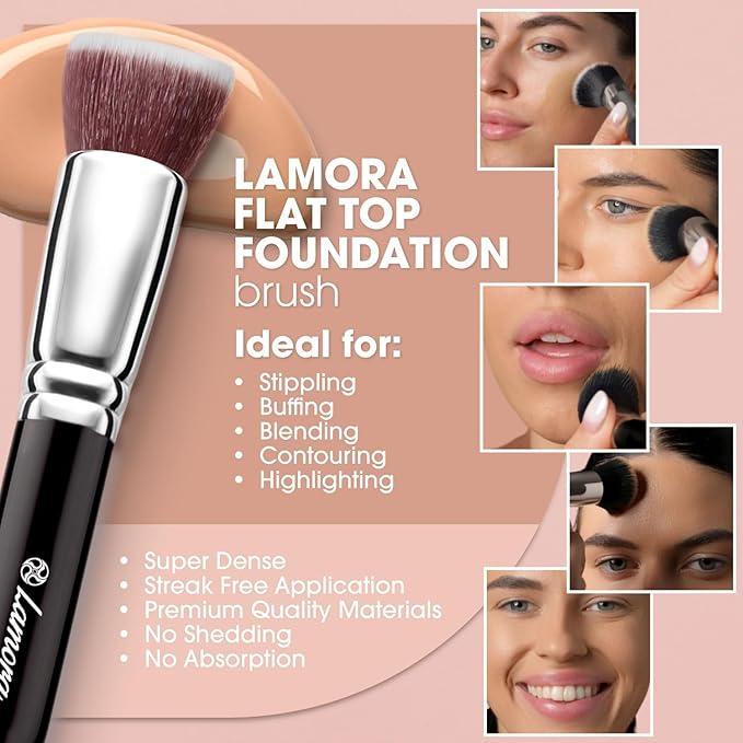 LAMORA Foundation Brush for Liquid Makeup - Kabuki Face Brush for Cream, Powder, Blush, and Concealer - Flat Top Blending, Buffing, Stippling Brush-FemmiqueWomen