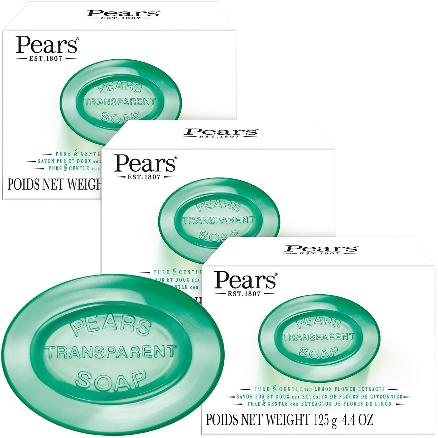 Pears Soap, Pure & Gentle with Lemon Flower Extracts, 3-Pack – Transparent Green Glycerin Soap for Radiant, Glowing Skin, 4.4 Oz Ea-FemmiqueWomen