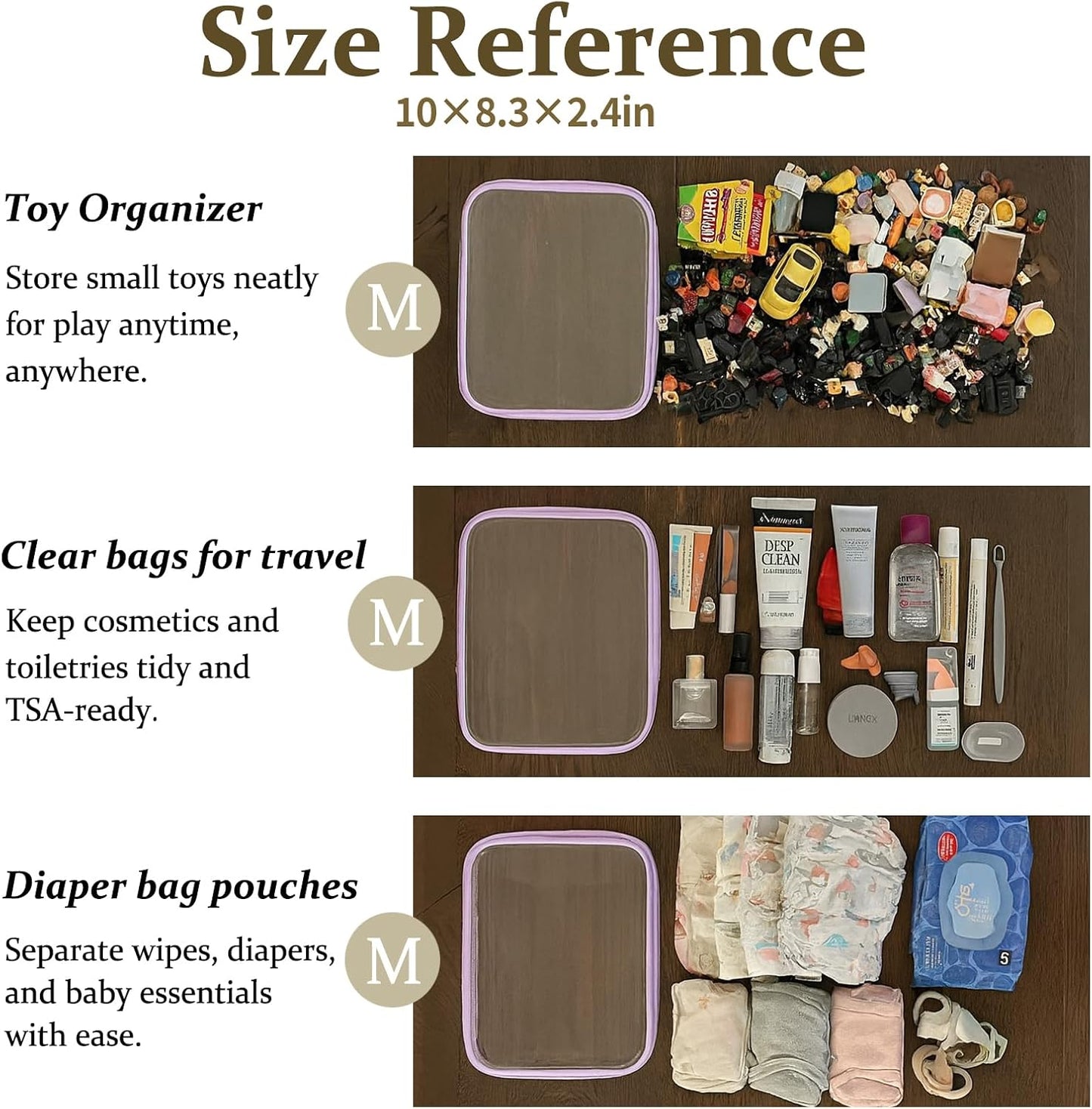 4 pcs Clear Zipper Pouches,Hard Shell Zipper Case, Toiletry Bag for Travel, CLear Diaper Bag, Toiletry Pouch, Travel Organizer, Clear Cosmetic Bag,Toy Storage Bins (M+3S) (Lavender)-FemmiqueWomen