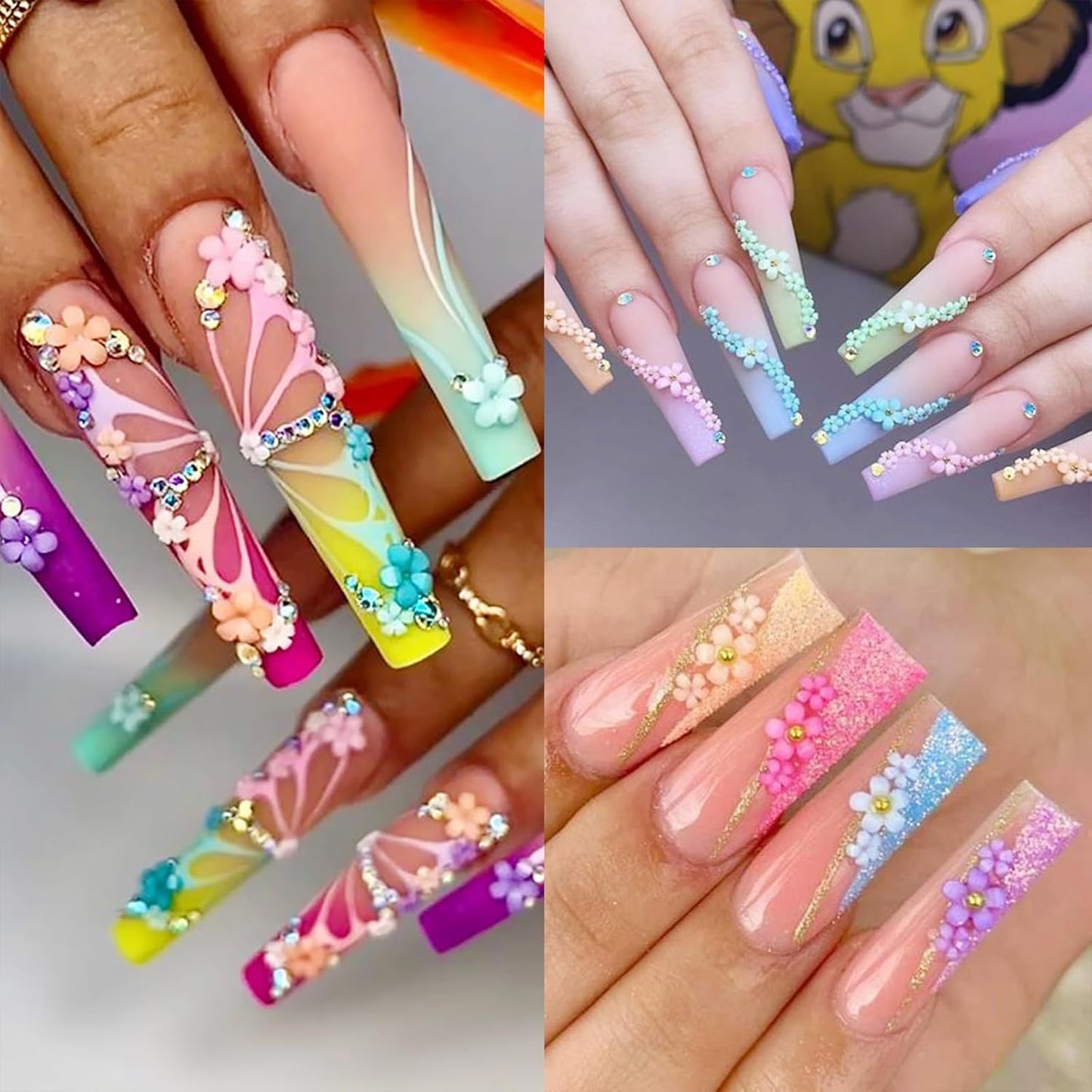 3D Pink Pastel Acrylic Flower Nail Charms - Mixed Rhinestones Kit with Gold Caviar Beads & Crystal AB Color Gems-FemmiqueWomen