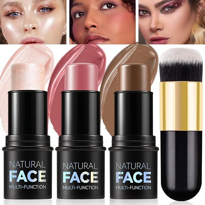 3Pcs Cream Contour Stick Makeup Kit - Cream Blush Stick Highlighter Stick Contour Bronzer Stick for Cheeks, Waterproof Long Lasting Blendable, Contour Stick Trio for Face Makeup (#02, 05, 06)-FemmiqueWomen