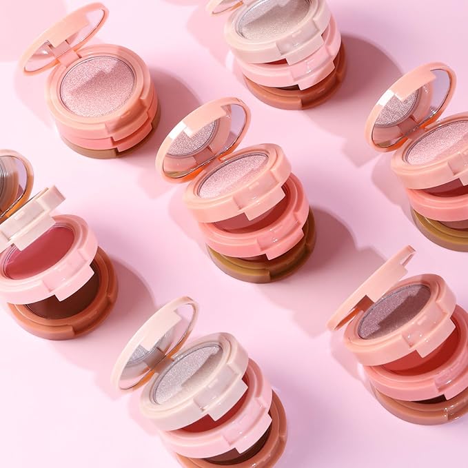 3-in-1 Blendable Trio, Contour and Highlight Blush Makeup Palette, Cream Bronzer, Silky Smooth Powder Blush, Shimmer Highlighter Makeup Powder, Pink Brown Eyeshadow Palette with Mirror(01)-FemmiqueWomen