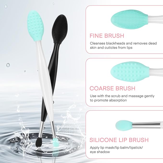 Unaone Lip Scrub Brush - 3 PCS Dual-ended Lip Scrubber Exfoliator and Silicone Lip Brush, 3-in-1 Silicone Lip Scrub Tool Lip Mask Applicator, Gentle Exfoliator & Applicator for Soft-FemmiqueWomen