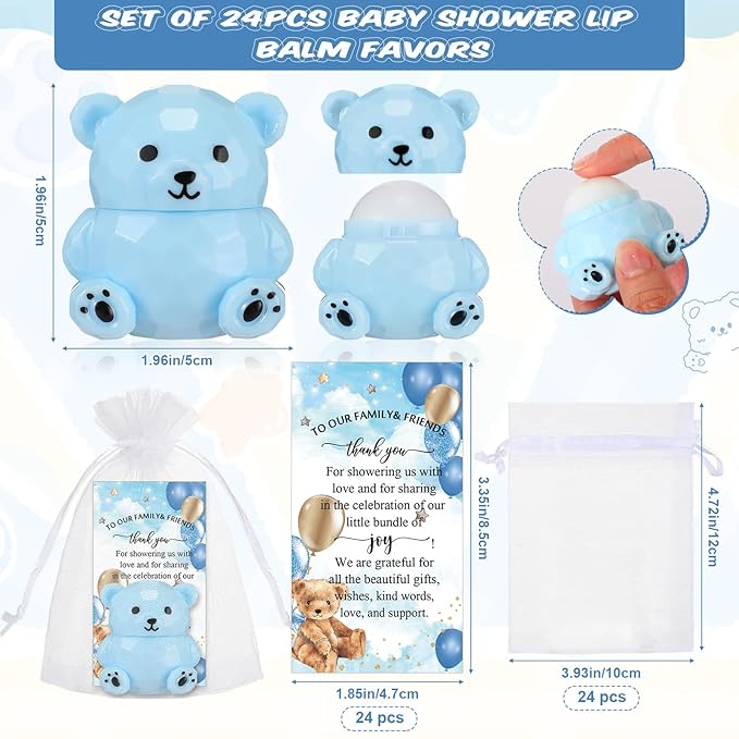 24 Sets Baby Shower Bear Lip Balm Favors Bear Lip Care Transparent Lipstick with Gift Bags and Thank You Cards for Baby Shower Gender Reveal Favors Decorations Gift Supplies-FemmiqueWomen