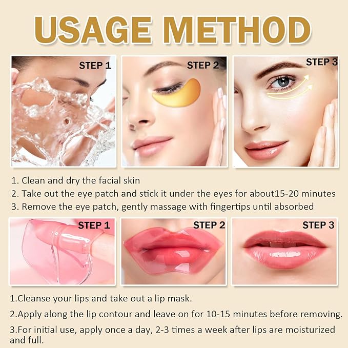 30 Pieces Lip Mask & Under Eye Mask,24K Gold Gel Crystal Collagen Eye Patches, Cherry Lip Masks Skincare,Moisturizing& Reducing Reducing Fine Lines & Dark Circle for Puffy Eyes-FemmiqueWomen