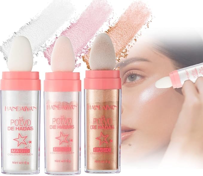 3 Color Polvo De Hadas, Body Glitter Highlighter Powder Fairy Stick for Makeup Shimmer and Shine High Gloss Blush Contour Powder Makeup - Sparkle Patting for Hair Face Eyes Body-FemmiqueWomen
