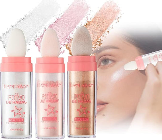 3 Color Polvo De Hadas, Body Glitter Highlighter Powder Fairy Stick for Makeup Shimmer and Shine High Gloss Blush Contour Powder Makeup - Sparkle Patting for Hair Face Eyes Body-FemmiqueWomen