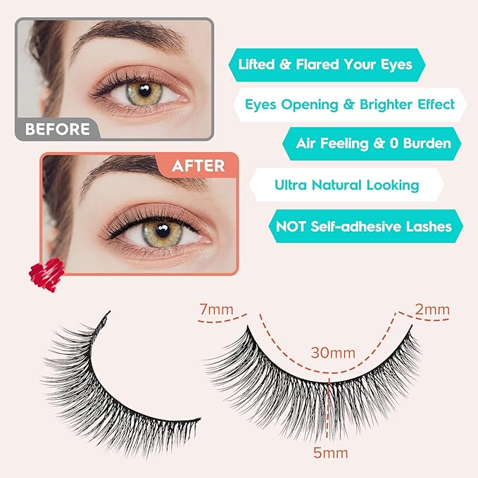 Natural Lashes 7MM Extra Short Eyelashes Natural Cat Eye Lashes 10 Pair False Eyelashes Wispy Eye Lashes Pack C Curl Strip Lashes 3D Volume Short Lashes Siligli Eyelashes-FemmiqueWomen