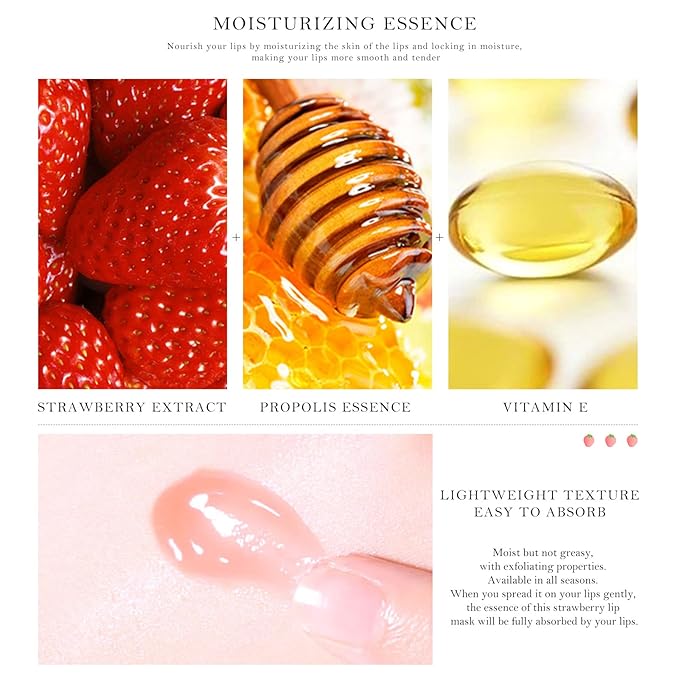 2Pcs Honey Strawberry Lip Balm Honey Pot, Strawberry Lip Sleeping Mask, Overnight Lip Sleeping Mask, Honey Balm Lip Balm Pot, Honey Lip Mask Nourish Lip Scrubs Exfoliator Honey/Strawberry-FemmiqueWomen